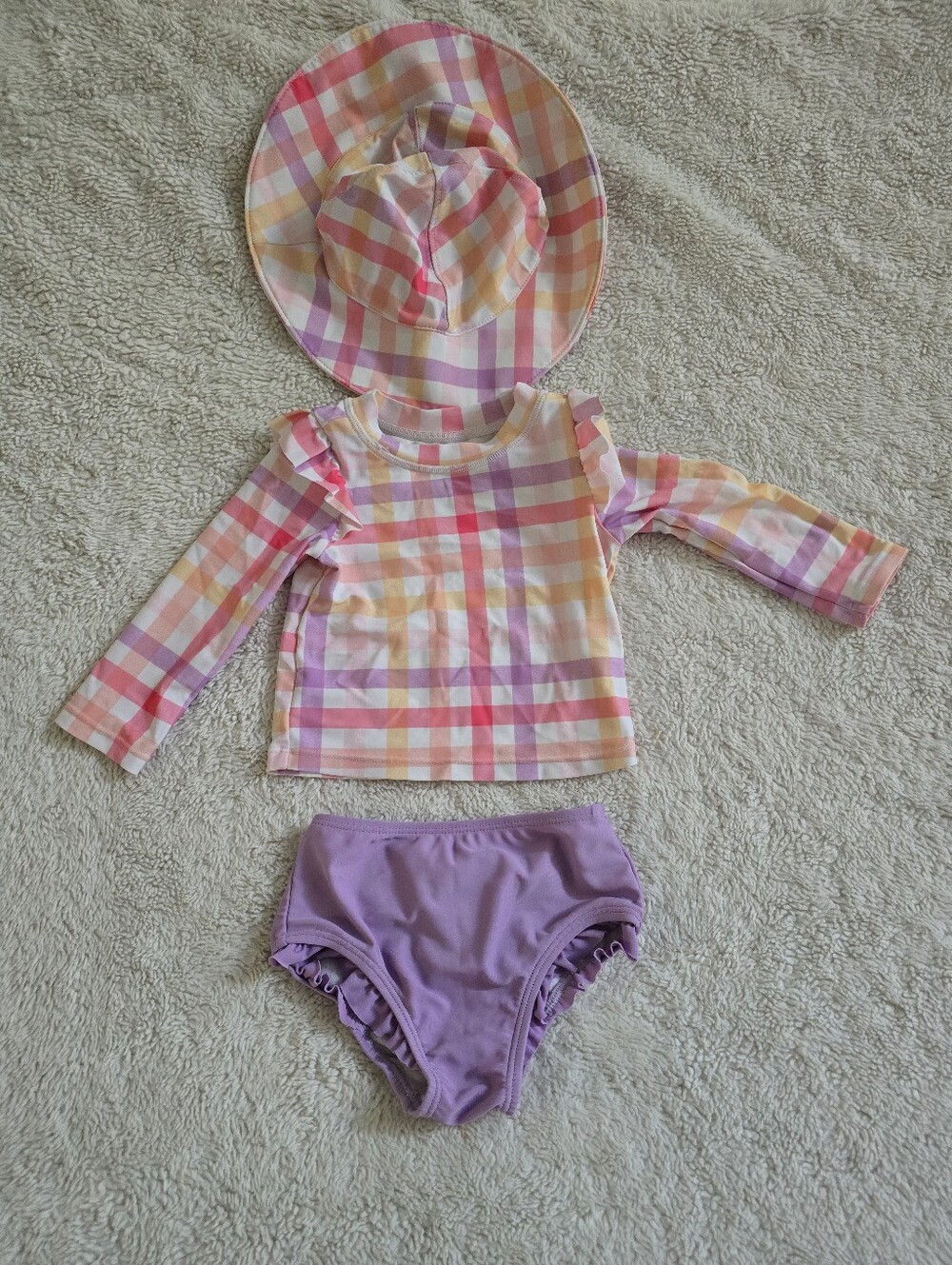 First Impressions Pink, Peach & Lavender Plaid Rashguard Set with Sun Hat